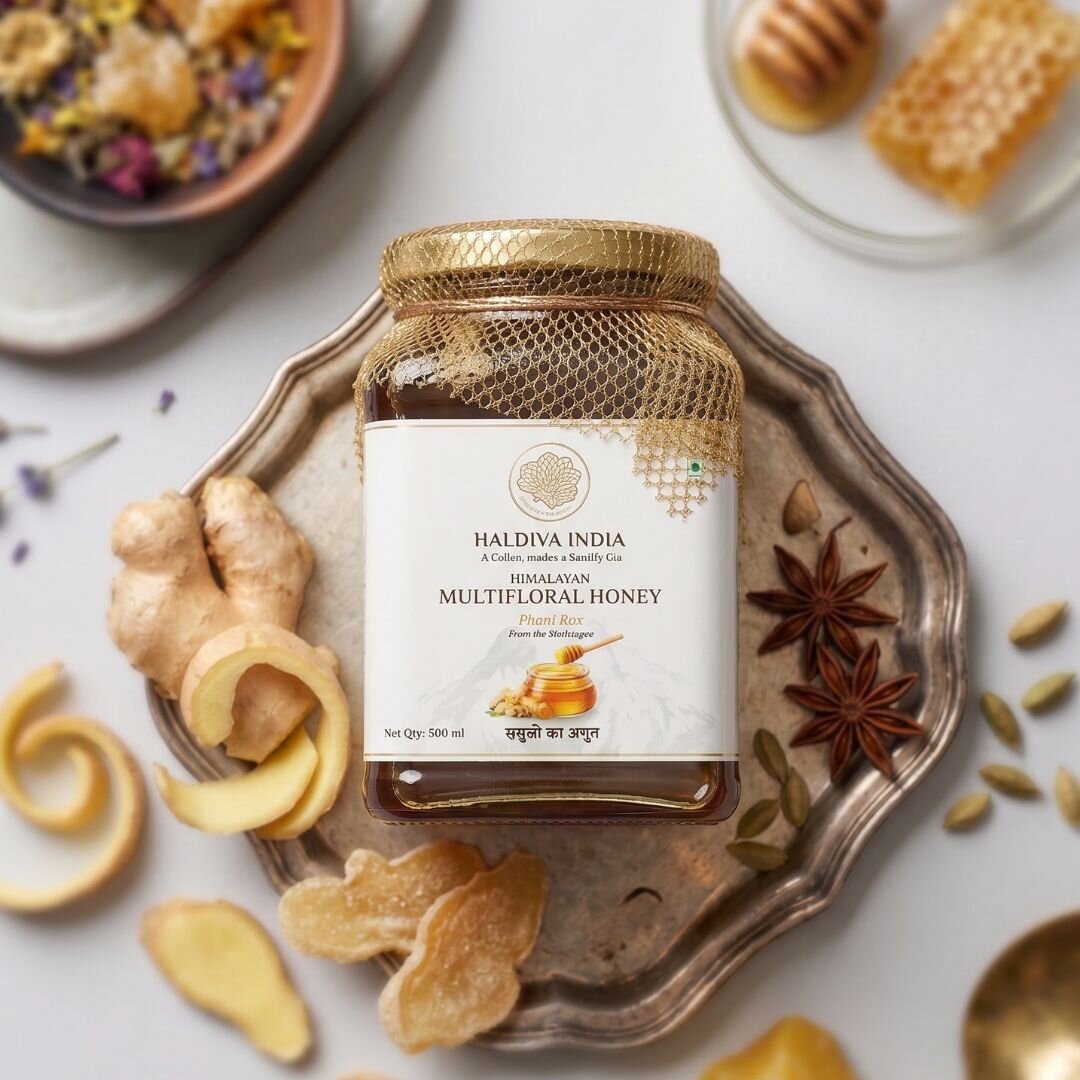 Haldiva India Himalayan Multifloral Honey jar product photography