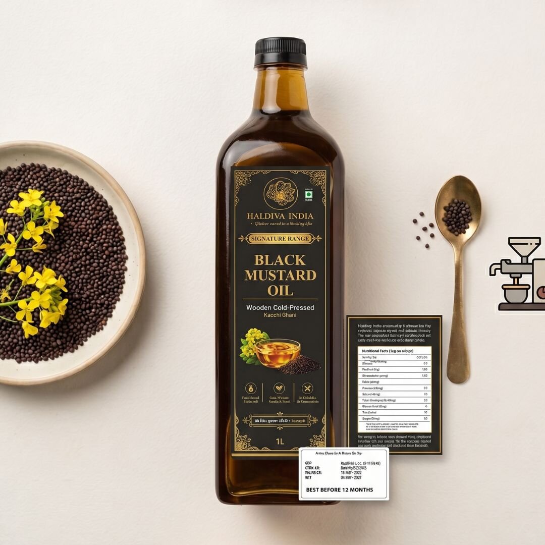 Haldiva India Black Mustard Oil glass bottle product photography